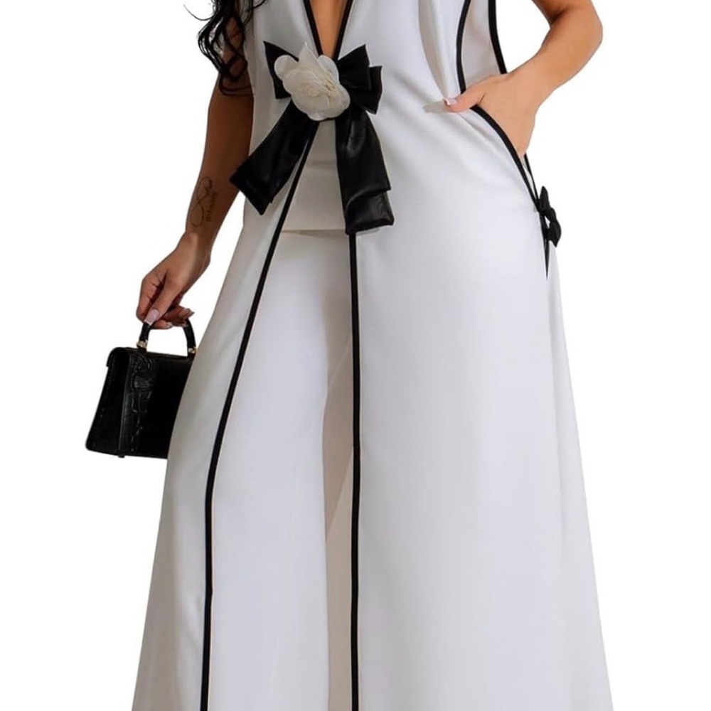 White Wide-Leg pant set with Black Piping